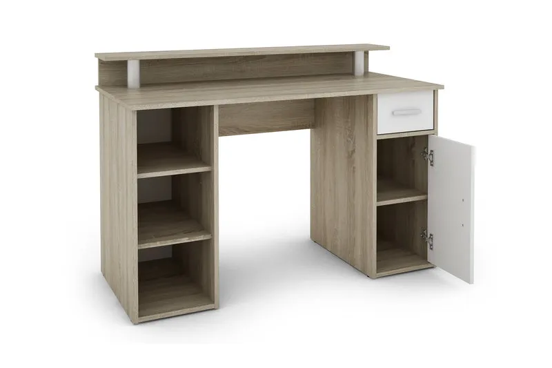 Schreibtisch DIEGO / Arbeits-Tisch mit viel Stauraum in Sonoma Eiche (Eiche-Optik), weiß, Old Wood (Altholz-Optik) / Computer-Tisch / 1 Schublade, 1 Tür, 3 offene Fächer / 120x88x55cm (BxHxT)
