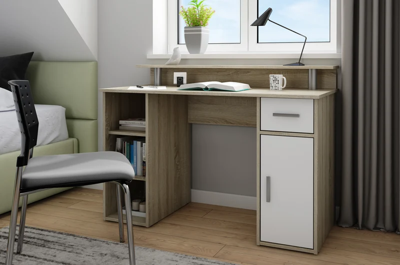 Schreibtisch DIEGO / Arbeits-Tisch mit viel Stauraum in Sonoma Eiche (Eiche-Optik), weiß, Old Wood (Altholz-Optik) / Computer-Tisch / 1 Schublade, 1 Tür, 3 offene Fächer / 120x88x55cm (BxHxT)
