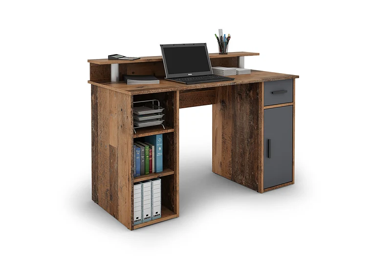 Schreibtisch DIEGO / Arbeits-Tisch mit viel Stauraum in Sonoma Eiche (Eiche-Optik), weiß, Old Wood (Altholz-Optik) / Computer-Tisch / 1 Schublade, 1 Tür, 3 offene Fächer / 120x88x55cm (BxHxT)