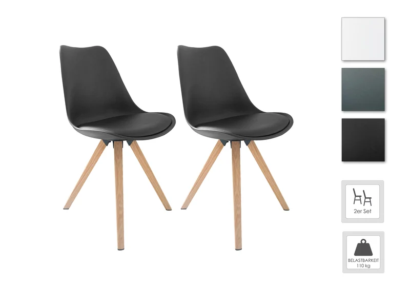 Esszimmerstuhl 2er Set Kira / Kunstoff, Kunstleder in schwarz oder weiß / Gestell Metall in Eiche-Optik foliert oder schwarz / Esszimmerstuhl / Wohnzimmerstuhl / bis 110 kg / B 48, H 86, T 55,5 cm