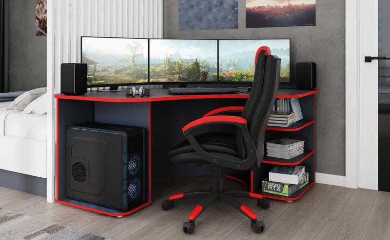 Schreibtisch THANATOS / Gaming-Tisch in anthrazit mit Kanten in rot, weiß oder anthrazit / Eck-Schreibtisch mit viel Stauraum und XXL Tischplatte / Computer-Tisch / PC / Arbeits-Tisch / 198x76x85cm (BxHxT)