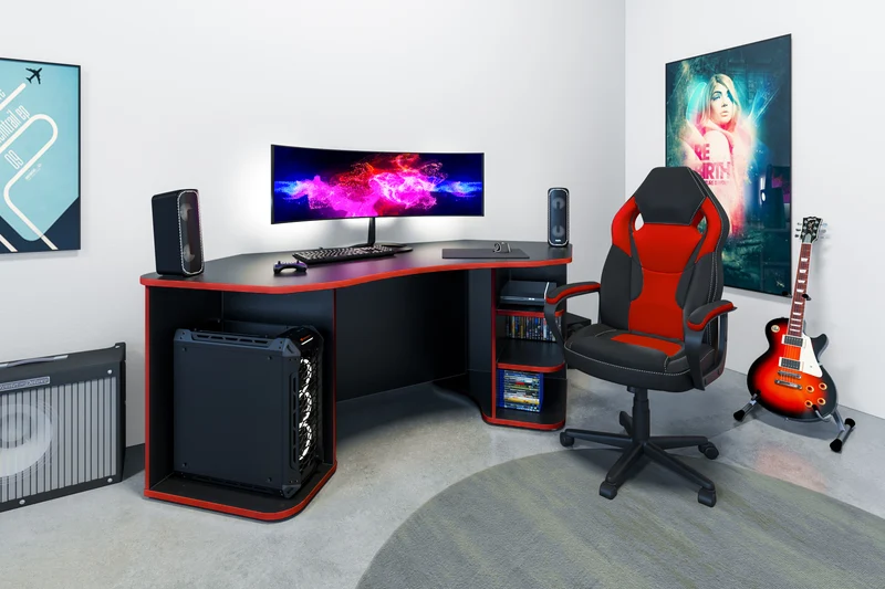 Schreibtisch THANATOS / Gaming-Tisch in anthrazit mit Kanten in rot, weiß oder anthrazit / Eck-Schreibtisch mit viel Stauraum und XXL Tischplatte / Computer-Tisch / PC / Arbeits-Tisch / 198x76x85cm (BxHxT)