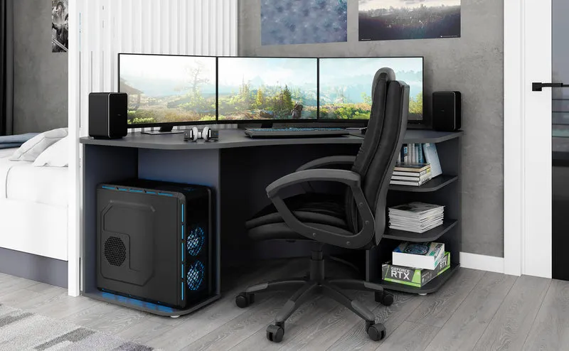 Schreibtisch THANATOS / Gaming-Tisch in anthrazit mit Kanten in rot, weiß oder anthrazit / Eck-Schreibtisch mit viel Stauraum und XXL Tischplatte / Computer-Tisch / PC / Arbeits-Tisch / 198x76x85cm (BxHxT)