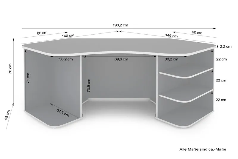 Schreibtisch THANATOS / Gaming-Tisch in anthrazit mit Kanten in rot, weiß oder anthrazit / Eck-Schreibtisch mit viel Stauraum und XXL Tischplatte / Computer-Tisch / PC / Arbeits-Tisch / 198x76x85cm (BxHxT)