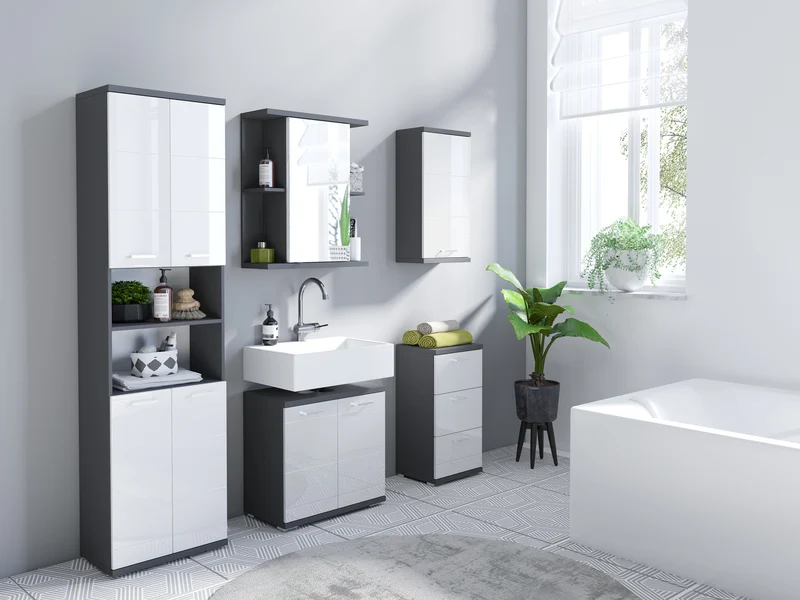 Badezimmer Seitenschrank / in anthrazit, Sonoma Eiche (Eiche-Optik) oder weiß / B 35,5, H 74, T 31,5 cm / mit 2 Schubkästen