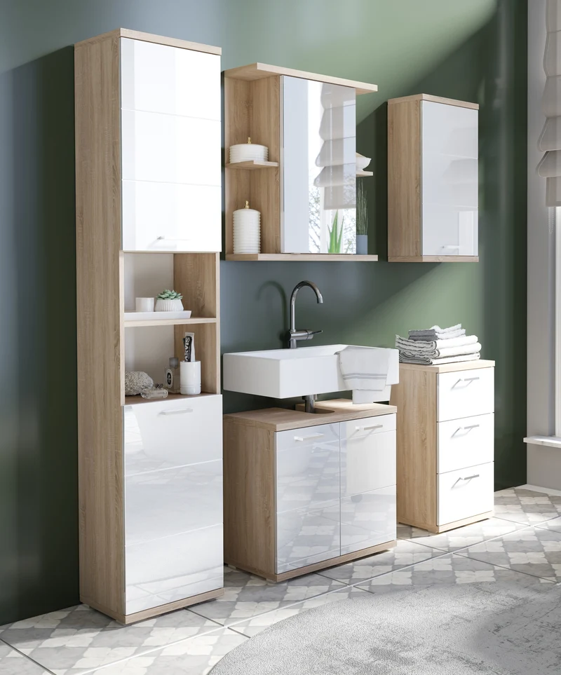 Badezimmer Seitenschrank / in anthrazit, Sonoma Eiche (Eiche-Optik) oder weiß / B 35,5, H 74, T 31,5 cm / mit 2 Schubkästen