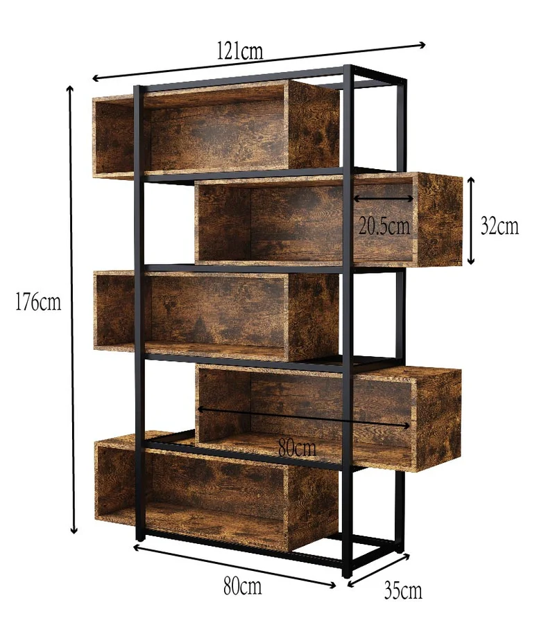 Industrielles Bücherregal mit 5 Etagen, 176 x 121 x 35 cm