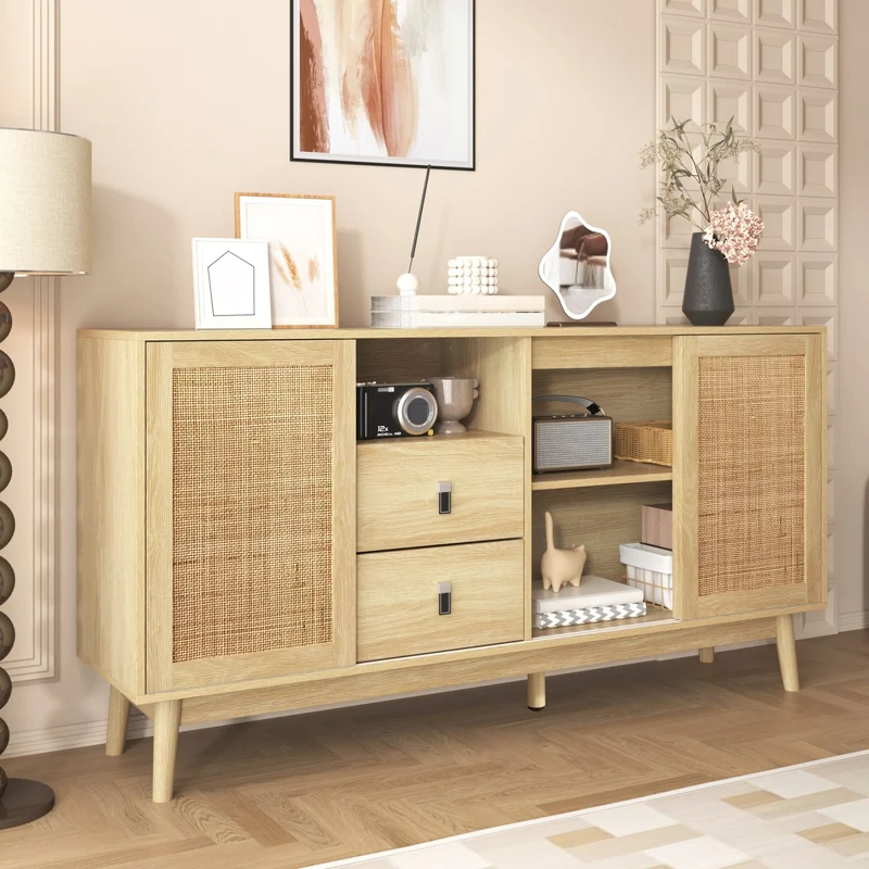 Sideboard mit Rattan-Schiebetüren und 2 Schubladen, 155 x 38 x 80 cm