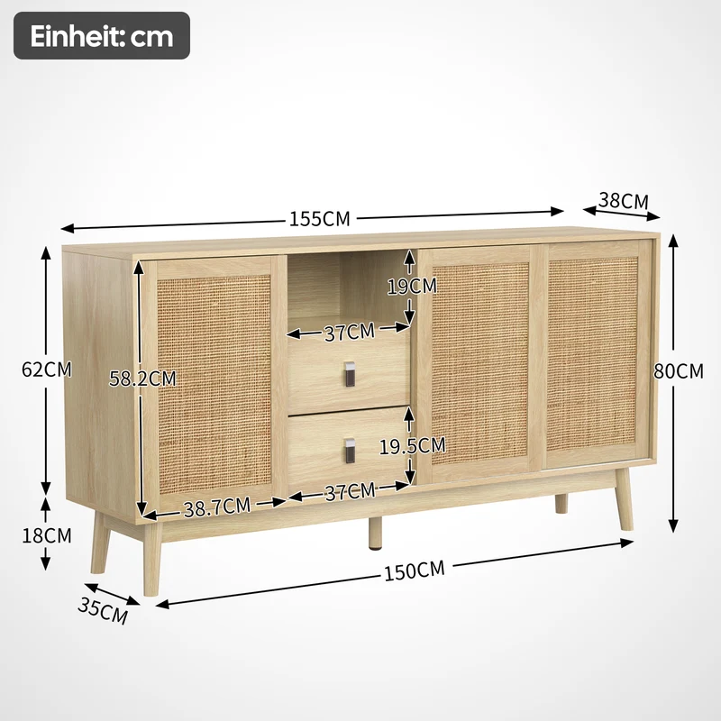 Sideboard mit Rattan-Schiebetüren und 2 Schubladen, 155 x 38 x 80 cm