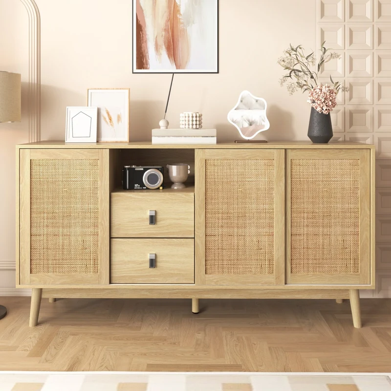 Sideboard mit Rattan-Schiebetüren und 2 Schubladen, 155 x 38 x 80 cm