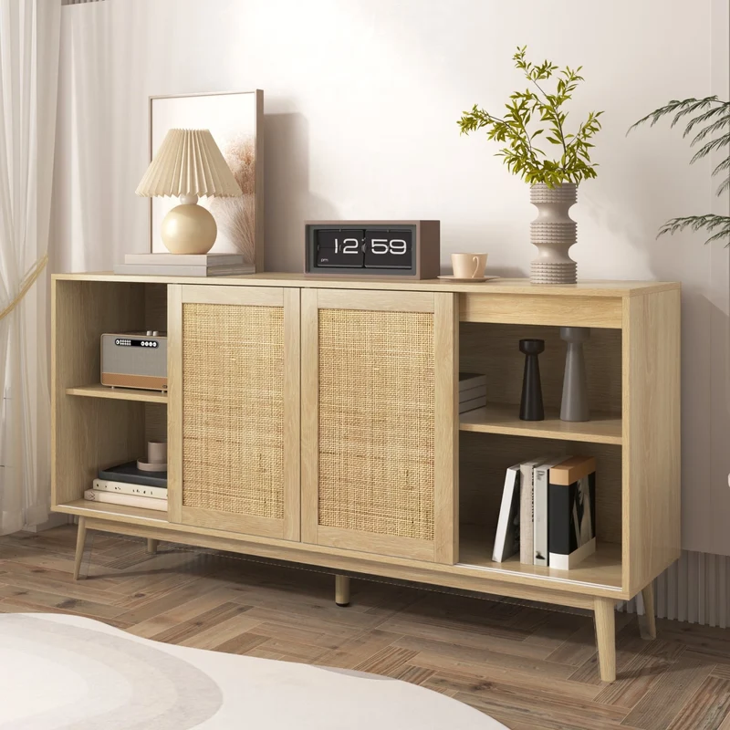 Sideboard mit Rattan-Schiebetüren und 2 Schubladen, 155 x 38 x 80 cm