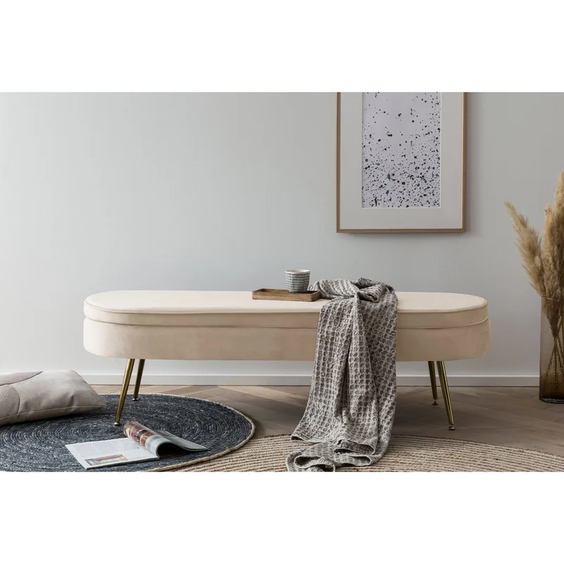 Ovaler Sitzpouf in Bankform – Samtoptik, Beige/Gold, 142 cm