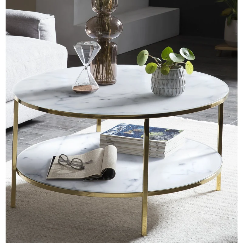 Couchtisch mit zwei Glasablagen – Marmoroptik, Weiß/Gold, Ø 80 cm
