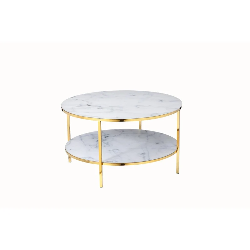 Couchtisch mit zwei Glasablagen – Marmoroptik, Weiß/Gold, Ø 80 cm