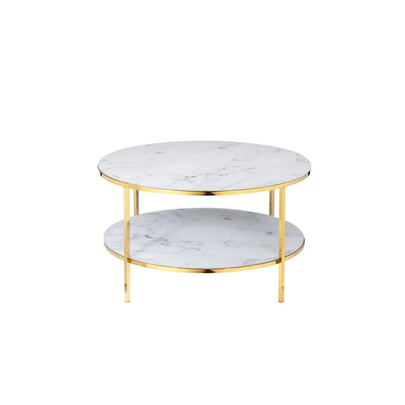 Couchtisch mit zwei Glasablagen – Marmoroptik, Weiß/Gold, Ø 80 cm