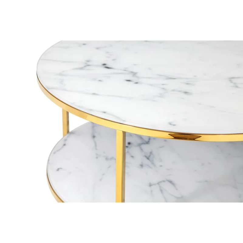 Couchtisch mit zwei Glasablagen – Marmoroptik, Weiß/Gold, Ø 80 cm