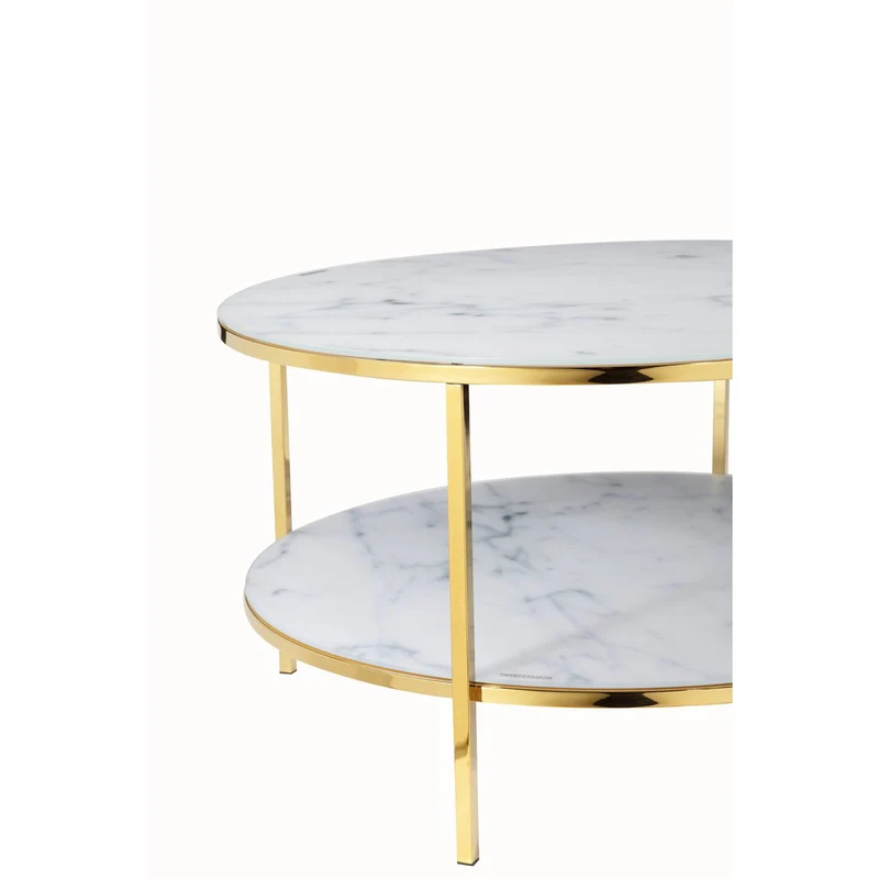 Couchtisch mit zwei Glasablagen – Marmoroptik, Weiß/Gold, Ø 80 cm