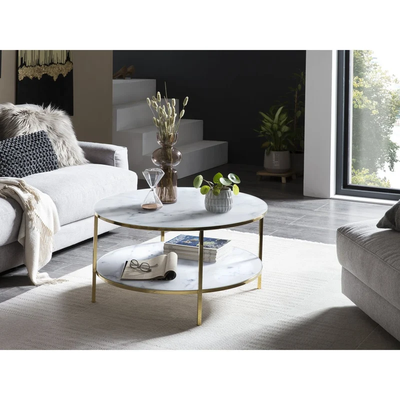 Couchtisch mit zwei Glasablagen – Marmoroptik, Weiß/Gold, Ø 80 cm