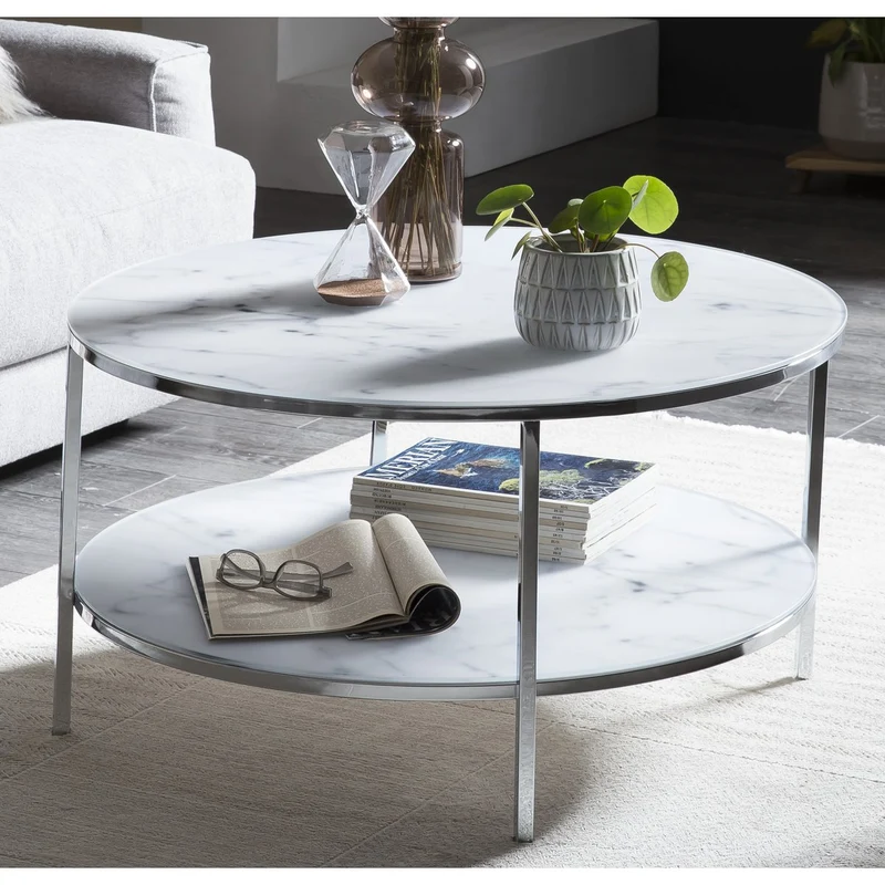 Couchtisch mit zwei Glasablagen – Marmoroptik, Weiß/Chrom, Ø 80 cm