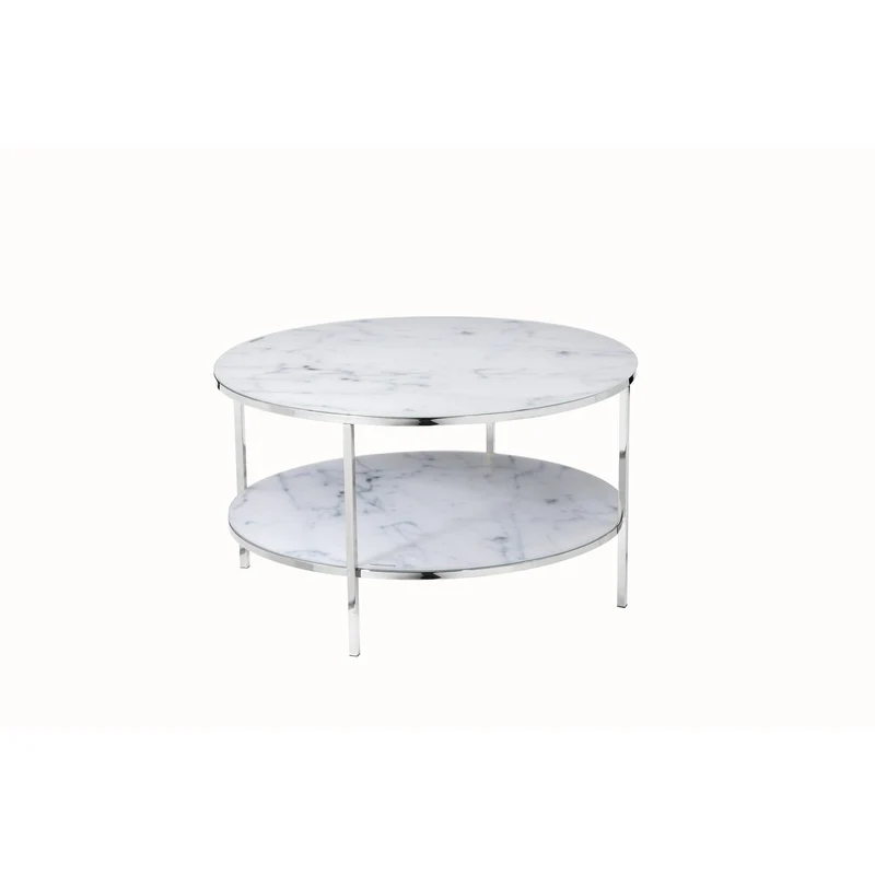 Couchtisch mit zwei Glasablagen – Marmoroptik, Weiß/Chrom, Ø 80 cm