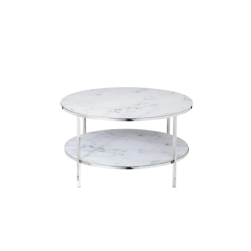 Couchtisch mit zwei Glasablagen – Marmoroptik, Weiß/Chrom, Ø 80 cm