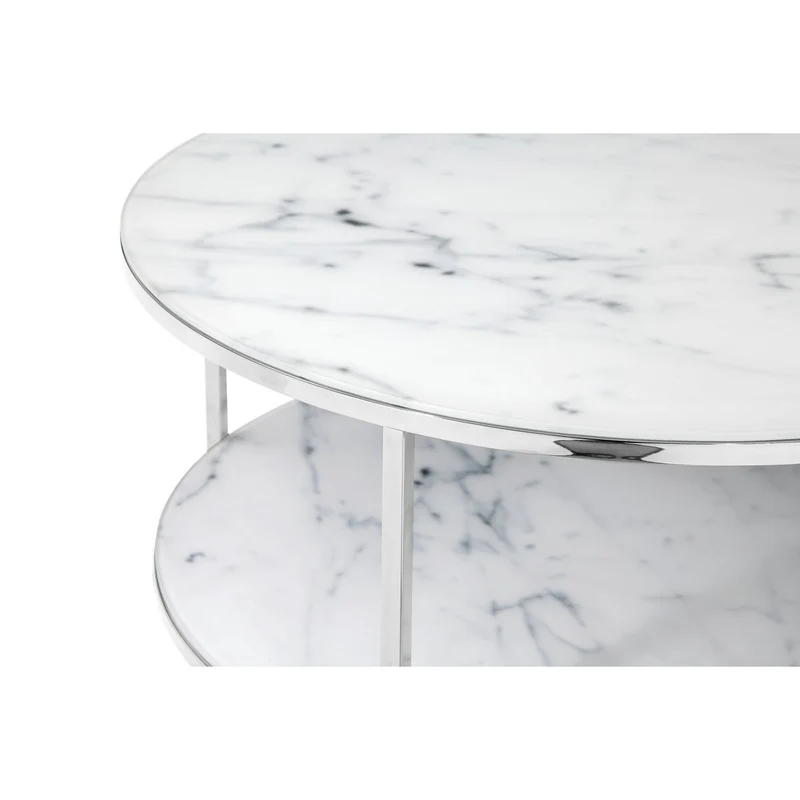Couchtisch mit zwei Glasablagen – Marmoroptik, Weiß/Chrom, Ø 80 cm
