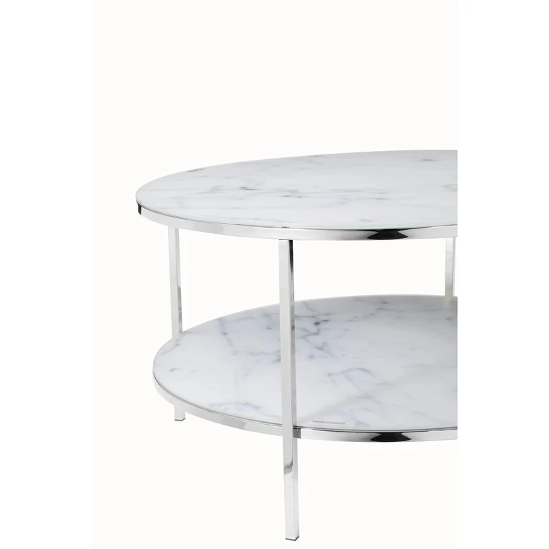 Couchtisch mit zwei Glasablagen – Marmoroptik, Weiß/Chrom, Ø 80 cm