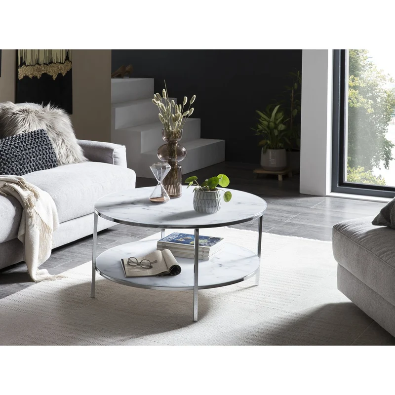 Couchtisch mit zwei Glasablagen – Marmoroptik, Weiß/Chrom, Ø 80 cm