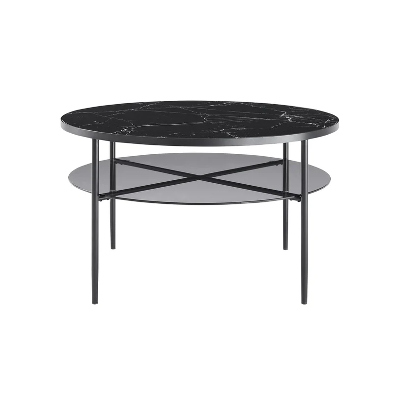 Couchtisch mit Marmorprint und Rauchglasablage – Schwarz, Ø 81 cm