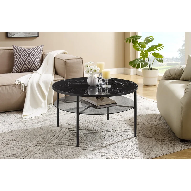 Couchtisch mit Marmorprint und Rauchglasablage – Schwarz, Ø 81 cm