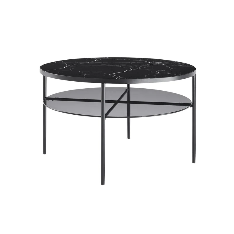 Couchtisch mit Marmorprint und Rauchglasablage – Schwarz, Ø 81 cm