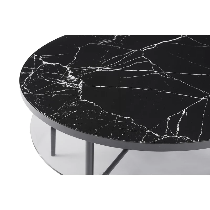 Couchtisch mit Marmorprint und Rauchglasablage – Schwarz, Ø 81 cm