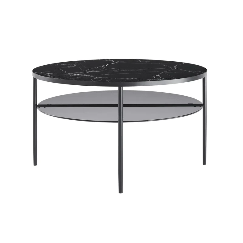Couchtisch mit Marmorprint und Rauchglasablage – Schwarz, Ø 81 cm
