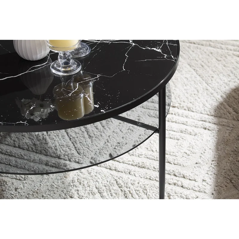 Couchtisch mit Marmorprint und Rauchglasablage – Schwarz, Ø 81 cm