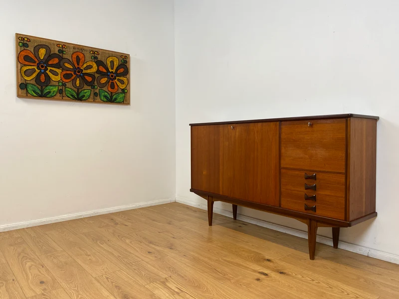 WMK # Skandinavisches Mid-Century Designer Highboard "Roseto" by Svante Skogh for Abra, Vollholz in Teak, mit Schubladen & Bar