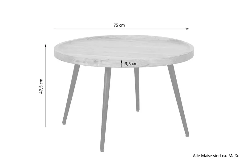Couchtisch ROMY / moderner Couchtisch aus Akazienholz massiv und schwarzem Metallgestell / D 75, H 47,5 cm