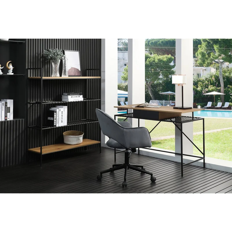 Schreibtisch mit Polyrattanablage – Natur/Schwarz, 110 cm