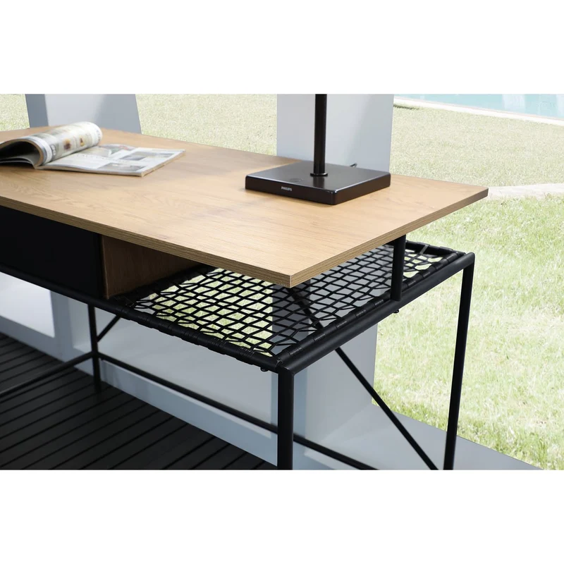 Schreibtisch mit Polyrattanablage – Natur/Schwarz, 110 cm