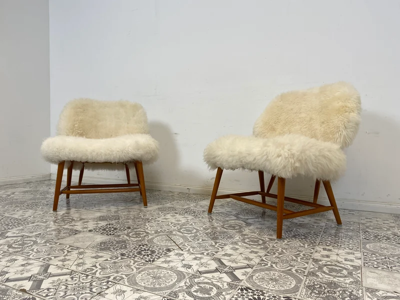 WMK # 1/3 Außergewönlicher & sehr seltener skandinavischer 50er Jahre Designer Sessel von Alf Svensson mit neuem Fellbezug