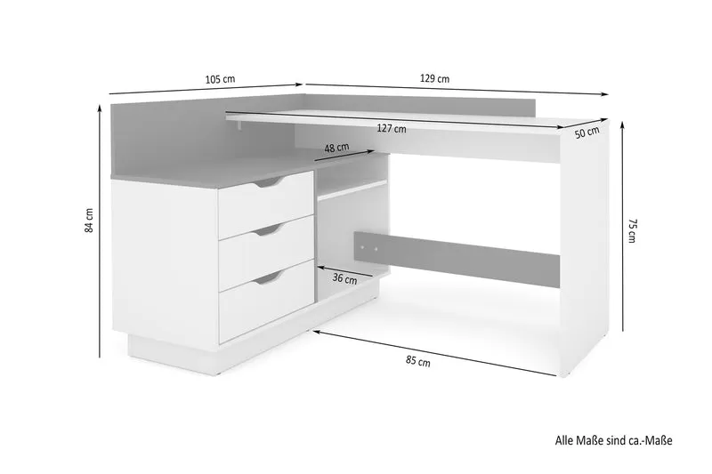 Winkelschreibtisch BELFAST / Rechts oder Links montierbar / 3 Schubkästen / Anthrazit, Weiß-Anthrazit, Artisan Eiche (Eiche-Optik) oder Old Wood (Altholz-Optik) /Bürotisch / Eckschreibtisch / Schreibtisch / B 129, H 83,5, T 105 cm