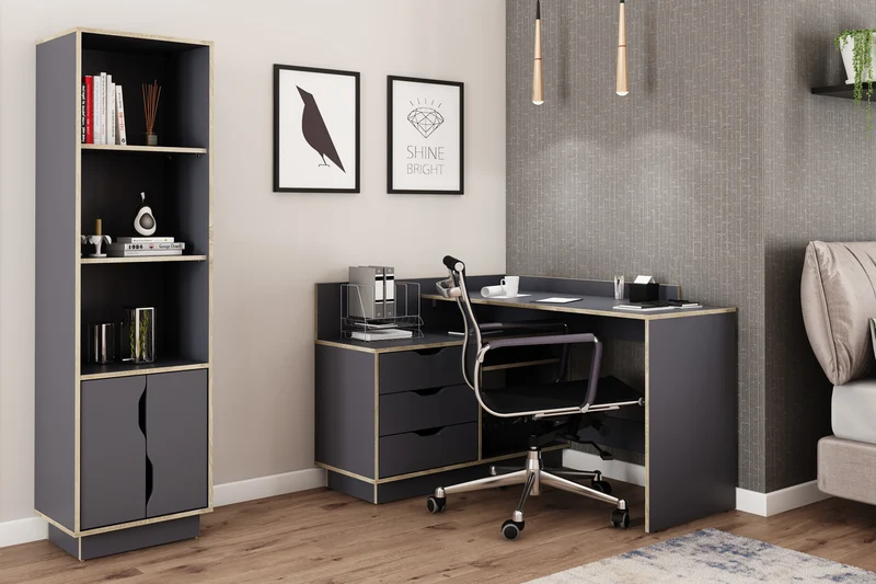 Winkelschreibtisch BELFAST / Rechts oder Links montierbar / 3 Schubkästen / Anthrazit, Weiß-Anthrazit, Artisan Eiche (Eiche-Optik) oder Old Wood (Altholz-Optik) /Bürotisch / Eckschreibtisch / Schreibtisch / B 129, H 83,5, T 105 cm