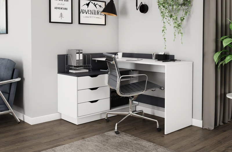 Winkelschreibtisch BELFAST / Rechts oder Links montierbar / 3 Schubkästen / Anthrazit, Weiß-Anthrazit, Artisan Eiche (Eiche-Optik) oder Old Wood (Altholz-Optik) /Bürotisch / Eckschreibtisch / Schreibtisch / B 129, H 83,5, T 105 cm