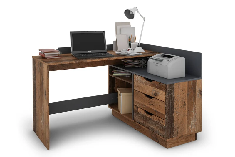 Winkelschreibtisch BELFAST / Rechts oder Links montierbar / 3 Schubkästen / Anthrazit, Weiß-Anthrazit, Artisan Eiche (Eiche-Optik) oder Old Wood (Altholz-Optik) /Bürotisch / Eckschreibtisch / Schreibtisch / B 129, H 83,5, T 105 cm