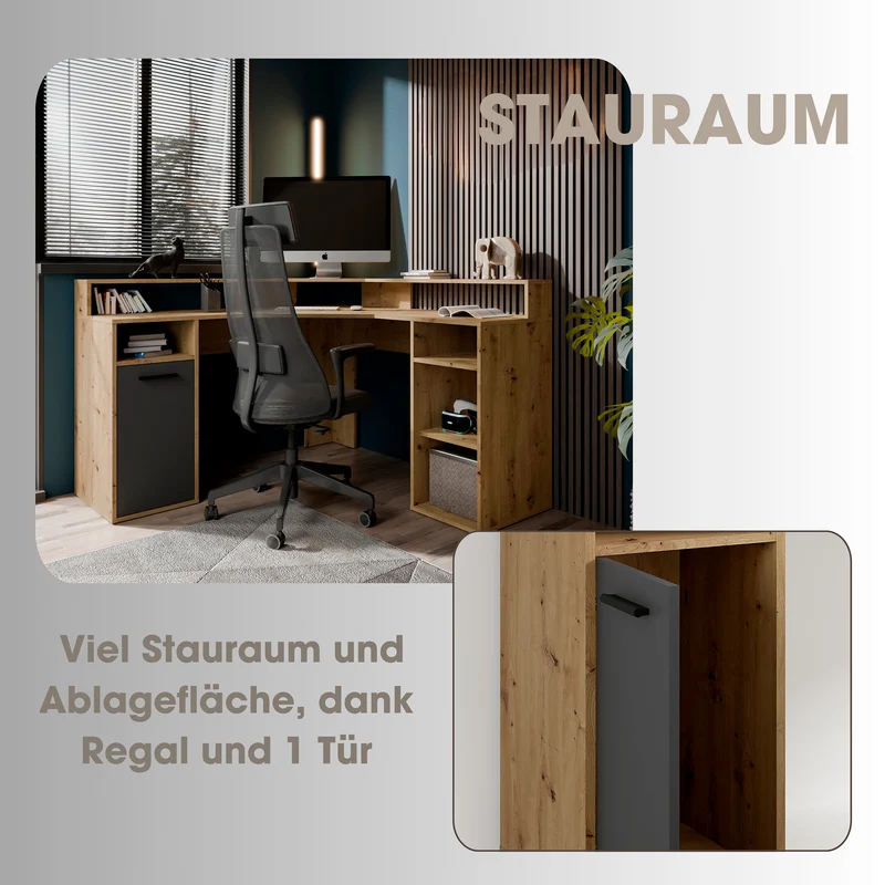 Schreibtisch FOX / Gaming-Tisch in anthrazit, weiß, Old Wood (Altholz-Optik) oder Artisan Eiche (Eiche-Optik) / Mit viel Stauraum und großer Tischplatte / Computer-Tisch / PC / Arbeits-Tisch / B 139, H 90,8, T 139 cm