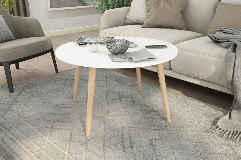Couchtisch LASSE / Melamin weiß, Buche massiv natur / D 80, H 46 cm / skandinavischer Stil