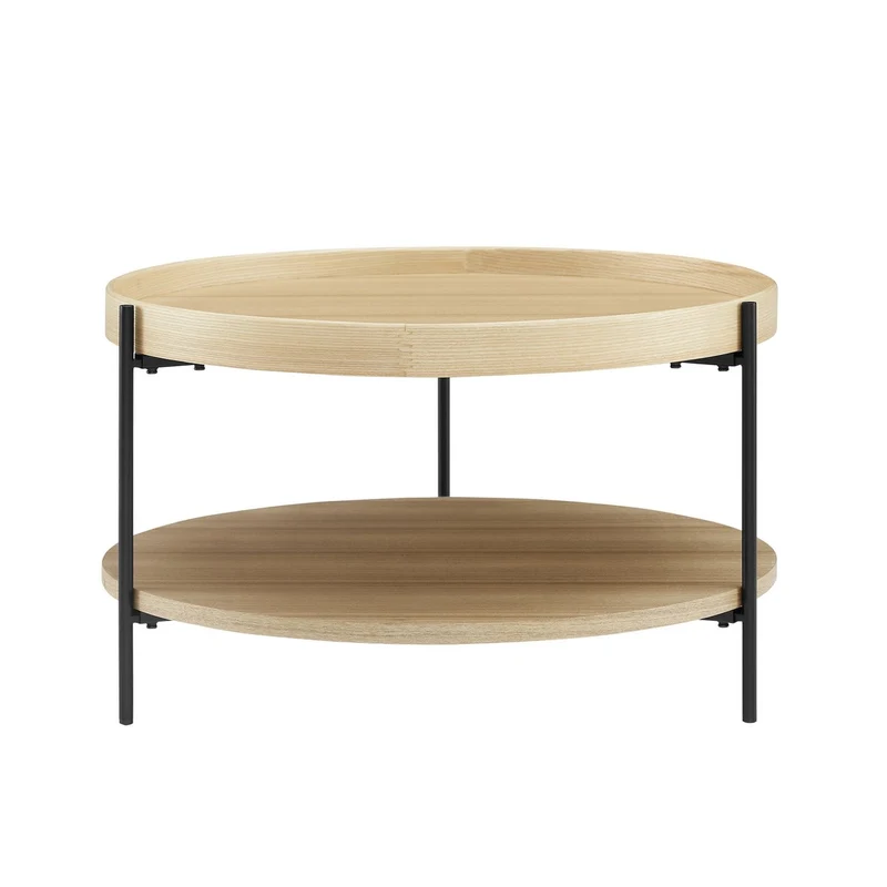 Couchtisch mit zwei Ablagen – Natur/Schwarz, Holzfurnier, Ø 69 cm