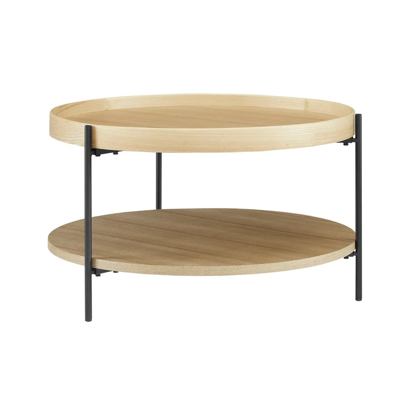 Couchtisch mit zwei Ablagen – Natur/Schwarz, Holzfurnier, Ø 69 cm