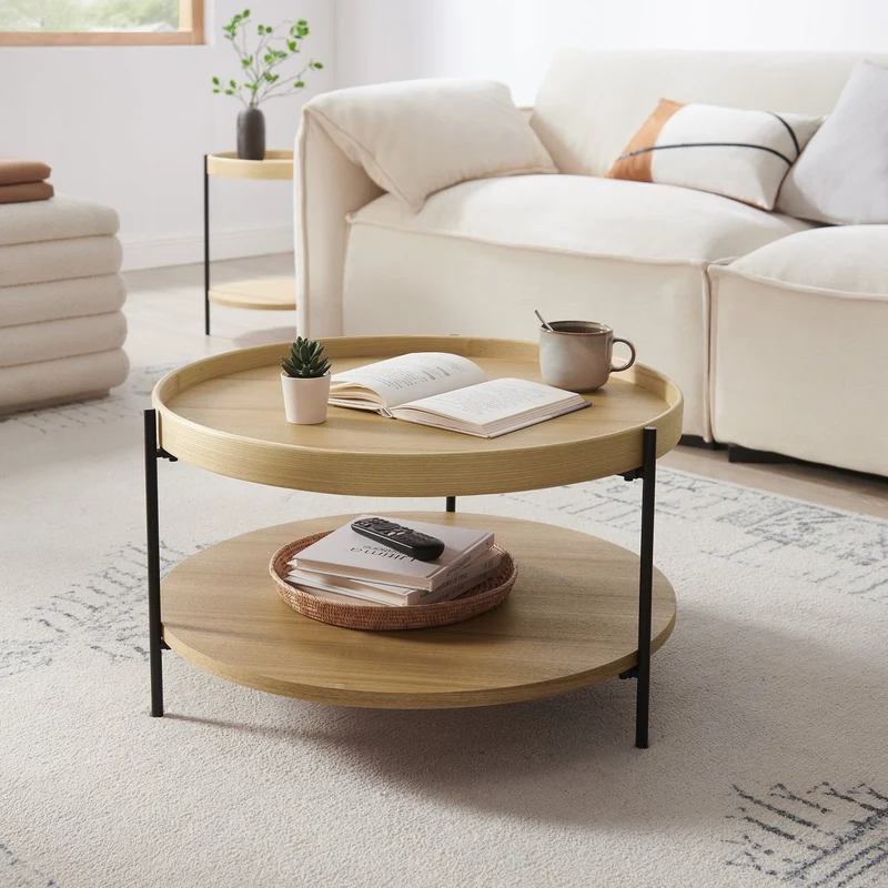 Couchtisch mit zwei Ablagen – Natur/Schwarz, Holzfurnier, Ø 69 cm
