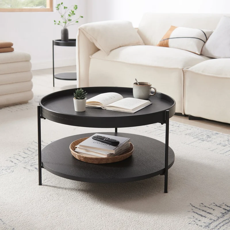 Couchtisch mit zwei Ablagen – Schwarz, Holzfurnier, Ø 69 cm