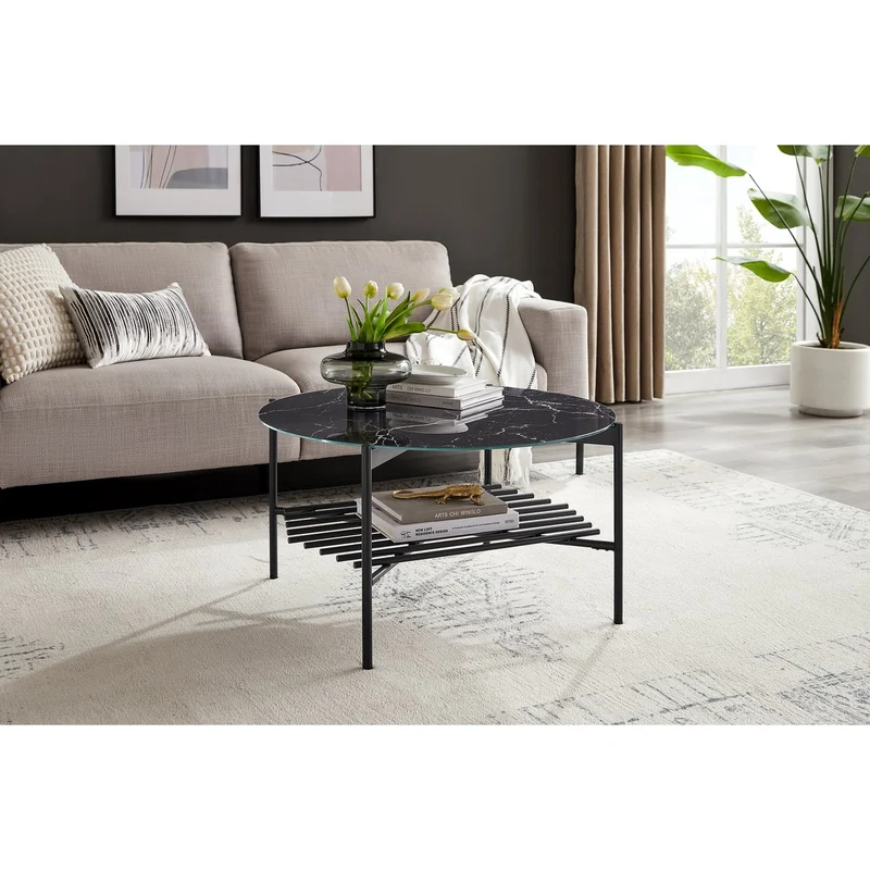Couchtisch mit Marmorprint und Metallablage – Schwarz, Ø 84 cm